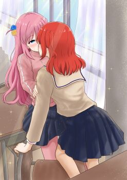 2girls black_skirt blue_eyes blush bocchi_the_rock! brown_shirt chair classroom commentary_request cube_hair_ornament curtains desk gotoh_hitori hair_ornament half-closed_eyes hand_on_another&#039;s_arm highres jacket kiss kita_ikuyo long_hair multiple_girls on_desk pink_hair pink_jacket pink_track_suit red_hair sailor_collar school_chair school_desk school_uniform shirt shuka_high_school_uniform side_ahoge side_ponytail sitting skirt sweat track_suit white_sailor_collar yukiyama3776m yuri