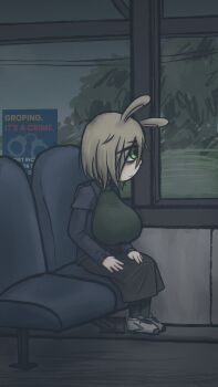 1girl bags_under_eyes black_skirt blonde_hair blue_jacket breasts bus_interior english_text from_side green_eyes green_shirt huge_breasts indoors jacket mentha_(menthalovely) mint_(menthalovely) original rabbit_ears shirt shoes short_hair sign sitting skirt solo white_shoes window