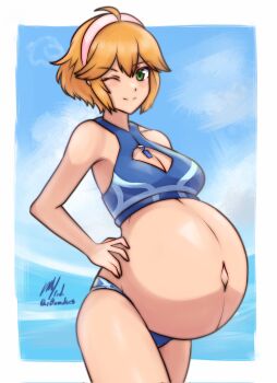 1girl ;) ahoge bare_arms bikini blue_bikini border breasts cleavage cleavage_cutout clothing_cutout cowboy_shot fiora_(xenoblade) green_eyes hairband hands_on_own_hips highres looking_at_viewer medium_breasts navel one_eye_closed pink_hairband pregnant rotomdocs short_hair smile solo swimsuit white_border xenoblade_chronicles_(series) xenoblade_chronicles_1