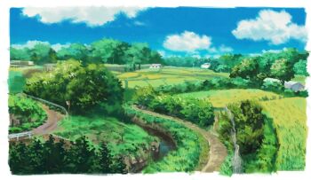 blue_sky border building cloud day field hashtag-only_commentary kgpmdn268 no_humans original outdoors path road rural scenery sky stream summer tree white_border