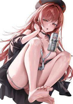 1girl absurdres barefoot beret black_coat breasts can chii_(chiiriring) coat commentary_request drink_can feet goddess_of_victory:_nikke hat highres holding holding_can large_breasts long_hair looking_at_viewer naked_coat necktie open_mouth pussy rapi_(nikke) rapi_(red_hood)_(nikke) red_eyes red_hair simple_background soles solo toes very_long_hair white_background white_necktie