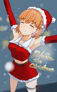 1girl alternate_costume armpits bare_shoulders breasts cleavage closed_mouth collarbone commentary_request cowboy_shot crossed_bangs english_text facing_viewer fur-trimmed_headwear fur-trimmed_shirt fur-trimmed_skirt fur_trim hair_intakes hat highres hinoshita_kaho link!_like!_love_live! love_live! medium_breasts midriff miniskirt navel nonaka_kokoro orange_hair red_hat red_skirt red_sleeves santa_costume shirt skirt sleeveless sleeveless_shirt smile solo split_mouth thigh_strap virtual_youtuber