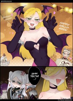 1boy 5girls adeptus_astartes adeptus_astartes_(cosplay) anger_vein angry animal_ears armor artist_name bare_shoulders bat_wings blonde_hair breasts chicken_costume choker cleavage cleavage_cutout clothing_cutout collar cosplay covered_navel crying dungeon_meshi elbow_gloves elf english_text falin_touden fern_(sousou_no_frieren) frieren gloves halloween highres laios_touden large_breasts light_blush long_hair looking_at_another looking_at_viewer looking_to_the_side marcille_donato multiple_girls odd_onion pantyhose patreon_username pointy_ears power_armor purple_hair short_hair sousou_no_frieren speech_bubble spiked_collar spikes warhammer_40k white_hair wings