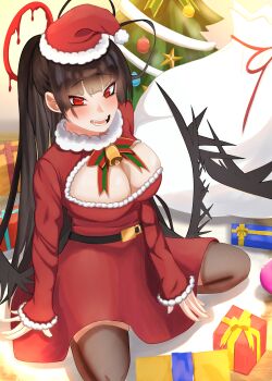 Rule 34 | 1girl, absurdres, belt, black belt, black hair, blood, blood halo, blue archive, breasts, christmas tree, cleavage, cleavage cutout, clothing cutout, commentary request, dress, fangs, fur-trimmed headwear, fur trim, halo, hat, highres, large breasts, liquid halo, long sleeves, low wings, open mouth, pantyhose, pom pom (clothes), red eyes, red halo, sabo10 fighter, santa costume, santa dress, santa hat, solo, tsurugi (blue archive), wings