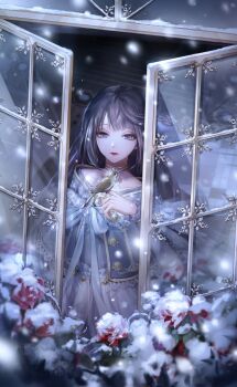1girl bird bird_on_hand black_hair carpet choker commentary_request dress flower game_cg grey_eyes highres indoors lilith_(shining_nikki) lips lipstick long_hair looking_at_animal makeup nightingale_and_mist_(shining_nikki) nikki_(series) official_art open_window outdoors rose shining_nikki snow snowing third-party_source white_dress window