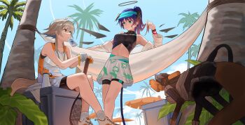 2girls absurdres ahoge arknights beach bike_shorts black_horns black_shorts blue_eyes blue_hair blue_sky bracelet brown_hair closed_mouth commentary dark_halo detached_wings energy_wings english_commentary fallen_angel gloves hair_between_eyes halo highres horns jewelry long_hair mayer_(arknights) mostima_(arknights) multiple_girls navel northkiyou orange_gloves outdoors ponytail print_skirt racket rash_guard shorts sitting skirt sky socks tank_top tennis_racket traditional_halo tree two-tone_gloves white_gloves white_skirt white_socks white_tank_top wings