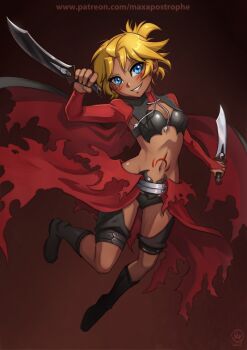 1girl black_boots black_bra black_panties blonde_hair blue_eyes boots bra breasts chloe_von_einzbern chloe_von_einzbern_(archer_install) chloe_von_einzbern_(archer_install)_(cosplay) commentary cosplay dark-skinned_female dark_skin dual_wielding english_commentary fate/kaleid_liner_prisma_illya fate_(series) full_body holding kanshou_&amp;_bakuya_(fate) maxa&#039; panties petite red_shrug red_skirt reverse_grip shrug_(clothing) skirt small_breasts solo stomach_tattoo tattoo tild_-_mage_a_louer tild_framith underwear watermark web_address