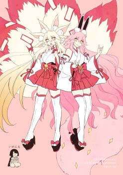 1boy 2girls :d :o adapted_uniform animal_ear_fluff animal_ears black_hair blonde_hair bound bow braid breasts buckle chihaya_(clothing) chinese_clothes colored_extremities detached_sleeves double-parted_bangs double_bun double_fox_shadow_puppet extra_ears fate/grand_order fate_(series) fox_ears fox_girl fox_shadow_puppet fox_tail full_body hair_between_eyes hair_bun hakama hakama_short_skirt hakama_skirt heart heart-shaped_buckle highres japanese_clothes kimono kitsune kneeling kosode koyanskaya_(assassin)_(third_ascension)_(fate) koyanskaya_(fate) koyanskaya_(lostbelt_beast:iv)_(fate) large_breasts light_smile long_hair long_sleeves looking_at_viewer miko multiple_animal_ears multiple_girls multiple_tails okobo open_mouth pink_background pink_hair pink_tail platform_clogs platform_sandals pryo_tea rabbit_ears red_bow red_hakama red_ribbon red_skirt ribbon ribbon-trimmed_sleeves ribbon_trim sandals side-by-side sidelocks simple_background skirt smile split_ponytail star-shaped_buckle sweatdrop tabi taigong_wang_(fate) tail talisman thighhighs tied_up_(nonsexual) very_long_hair white_kimono white_thighhighs wide_sleeves yellow_eyes yellow_tail