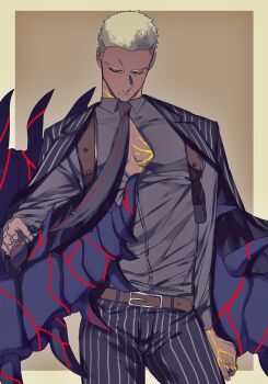 Rule 34 | 1boy, alternate costume, assisted exposure, clenched hand, closed eyes, contrapposto, cowboy shot, cu chulainn (fate), cu chulainn alter (fate), dark-skinned male, dark skin, emiya alter, emiya alter (formal dress), fate/grand order, fate (series), formal clothes, highres, male focus, necktie, pinstripe pattern, pinstripe suit, solo, standing, striped, suit, white hair