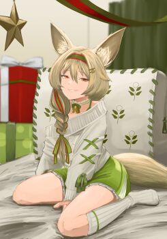 1girl absurdres animal_ear_fluff arknights beanstalk_(arknights) beanstalk_(gift_uncompleted)_(arknights) bell choker commentary_request dress frilled_choker frills green_dress green_hairband green_ribbon grin hair_between_eyes hair_ornament hairband highres hyena_ears hyena_girl hyena_tail long_hair long_sleeves looking_at_viewer moon-of-scarlet official_alternate_costume orange_eyes puffy_sleeves ribbon sitting smile socks star_(symbol) star_hair_ornament sweater teeth wariza white_socks white_sweater