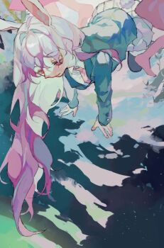 1girl all_fours animal_ears black_thighhighs blazer blue_jacket closed_mouth cloud collared_shirt commentary_request expressionless full_body jacket long_hair long_sleeves looking_down necktie pink_necktie pleated_skirt purple_hair rabbit_ears rabbit_girl rabbit_tail red_eyes reisen_udongein_inaba shinjitsu_no_kuchi shirt skirt solo tail thighhighs touhou very_long_hair white_shirt white_skirt