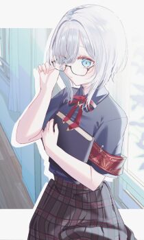 Rule 34 | 1girl, adjusting eyewear, armband, black shirt, blue eyes, border, closed mouth, collared shirt, commentary request, eyes visible through hair, glasses, grey hair, hair over one eye, hand up, highres, holding, holding notebook, kaga sumire, looking at viewer, misumi (macaroni), notebook, official art, red armband, school uniform, shirt, short hair, short sleeves, skirt, solo, virtual youtuber, vspo!, white border