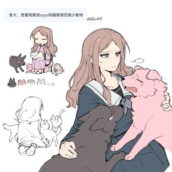 1girl anger_vein animalization bang_dream! bang_dream!_it&#039;s_mygo!!!!! bird blue_eyes blue_shirt blue_skirt brown_hair cat chihaya_anon chinese_text dog dress guagua977 highres kaname_raana long_hair mygo!!!!!_(bang_dream!) nagasaki_soyo pajamas penguin pink_dress raana_the_cat rock school_uniform shiina_taki shirt sidelocks simple_background skirt sweatdrop takamatsu_tomori translation_request tsukinomori_school_uniform white_background