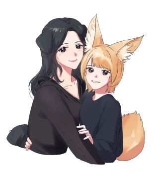Rule 34 | 2girls, animal ears, black eyes, black hair, blonde hair, blush, closed mouth, commentary, dog ears, dog girl, dog tail, fox ears, fox girl, fox tail, hashtag-only commentary, highres, hug, kemonomimi mode, long sleeves, medium hair, mole, mole above mouth, multiple girls, open mouth, real life, sasaki rico (voice actor), short hair, simple background, smile, tail, white background, xinyi6239222644, yonezawa akane