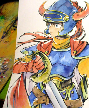 1boy 1girl agahari armor belt black_hair blue_armor blue_eyes breastplate brown_belt cape closed_mouth commentary_request cowboy_shot dragon_quest dragon_quest_i fake_horns faulds gloves helmet hero_(dq1) highres holding holding_sword holding_weapon horned_helmet horns looking_to_the_side male_focus painting_(medium) photo_(medium) plume red_cape red_gloves sheath shirt short_hair shoulder_armor solo standing sword traditional_media turtleneck turtleneck_shirt two-sided_cape two-sided_fabric unsheathed visor_(armor) weapon white_cape yellow_shirt