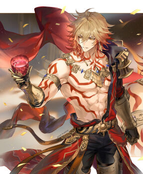 1boy abs ahoge arm_tattoo armlet armor artist_name belt black_belt black_coat black_gloves black_pants blonde_hair blue_gemstone braid chalice chest_tattoo clawed_gauntlets coat coat_partially_removed collarbone commentary cowboy_shot cup darkavey earrings english_commentary gauntlets gem gloves gold_armlet gold_earrings gold_necklace gradient_hair hair_between_eyes hand_up highres holding holding_cup honkai:_star_rail honkai_(series) jewelry light_particles looking_to_the_side male_focus medium_hair multicolored_hair muscular muscular_male mydei_(honkai:_star_rail) navel neck_tattoo necklace nipples pants parted_lips pauldrons pectorals red_coat red_hair shoulder_armor shoulder_tattoo side_braid single_braid single_earring single_pauldron smile solo standing stomach stomach_tattoo tattoo twitter_username vambraces yellow_eyes
