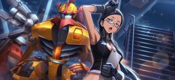 1girl arm_up armpits artist_request benihozuki_(code_geass) bindi black_gloves black_hair black_shirt blue_eyes braid breasts cleavage cleavage_cutout clothing_cutout cloud code_geass code_geass:_lost_stories code_geass_(manga) crop_top dark-skinned_female dark_skin dutch_angle earrings female_focus forehead game_cg glasses gloves grey-framed_eyewear half-closed_eyes half_up_braid hand_up highres holding holding_stylus holding_tablet_pc jewelry kagari_savitri lens_flare long_hair looking_afar mecha medium_breasts night non-web_source official_art open_mouth outdoors robot semi-rimless_eyewear shirt sleeveless sleeveless_shirt solo sparkle stairs standing stud_earrings stylus sweat tablet_pc teeth upper_body