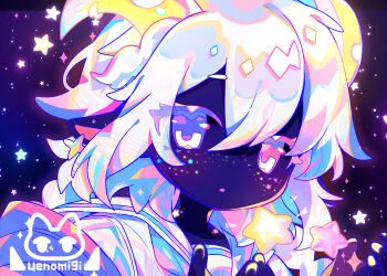 Rule 34 | 1girl, artist logo, artist name, closed mouth, colored skin, commentary, double-parted bangs, hair between eyes, hands up, highres, logo, long hair, looking at viewer, original, portrait, purple eyes, purple skin, sailor collar, sky, solo, sparkle, star (sky), star (symbol), starry sky, symbol-only commentary, uenomigi, white hair, white sailor collar