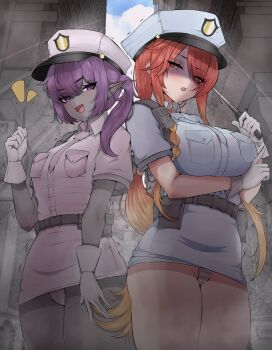 2girls :d absurdres alley arm_under_breasts baton_(weapon) belt belt_pouch blonde_hair blue_dress braid breast_pocket breasts cameltoe city collared_dress colored_skin commentary commission cowboy_shot dress english_commentary expandable_baton gloves gradient_hair grey_skin hat highres holding holding_baton_(weapon) holding_weapon large_breasts livie_(vectranut23) long_hair mayoa multicolored_hair multiple_girls necktie open_mouth orange_eyes orange_hair original panties pantyshot peaked_cap pink_dress pocket pointy_ears police police_hat police_uniform policewoman pouch purple_eyes purple_hair red_hair shaded_face short_dress short_necktie short_sleeves side_ponytail small_breasts smile starliel_(starnight17) striped_clothes striped_panties thighs underwear utility_belt weapon white_panties