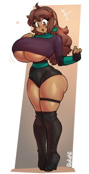 1girl absurdres ahoge areola_slip black_boots black_gloves black_shorts boots borvar breasts brown_eyes brown_hair commentary cropped_shirt dark-skinned_female dark_skin double-parted_bangs earrings english_commentary full_body gloves heart heart_earrings high_heel_boots high_heels highres huge_breasts jewelry long_hair open_mouth original purple_shirt shirt shorts smile solo standing thick_thighs thigh_boots thighs