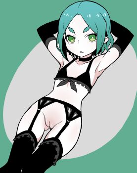 1girl absurdres akableak aqua_background aqua_hair armpits arms_behind_back bare_shoulders black_bra black_choker black_gloves black_thighhighs bob_cut bra bright_pupils choker cleft_of_venus collarbone cowboy_shot elbow_gloves expressionless eyelashes flat_chest frilled_bra frilled_thighhighs frills from_above from_side garter_belt garter_straps gloves gluteal_fold green_eyes grey_background highres hikimayu looking_at_viewer looking_to_the_side looking_up lying midriff monogatari_(series) nademonogatari no_panties official_alternate_hair_length official_alternate_hairstyle on_back ononoki_yotsugi oval_background pale_skin parted_bangs parted_lips petite pointy_ears pussy short_eyebrows short_hair solo thick_eyebrows thigh_gap thighhighs two-tone_background uncensored underwear wavy_hair white_pupils