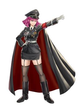 absurdres armband black_cape black_jacket black_necktie black_skirt blue_eyes cape commission gloves gundam gundam_zz haman_karn hand_on_own_hip highres jacket medal military_uniform necktie outstretched_arm pink_hair pixiv_commission red_armband serious shirt simple_background skirt swastika thighs totenkopf unicron_(brous) very_long_cape waffen-ss white_background white_gloves white_shirt zeta_gundam