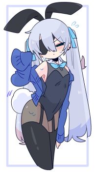1boy animal_ear_hairband animal_ears arched_back armpits bare_shoulders black_eyes black_hairband black_leotard black_pantyhose black_thighhighs blue_bow blue_bowtie blue_cardigan blue_eyes blue_hair blush bow bowtie cardigan collarbone colored_tips commentary covered_navel cowboy_shot crossdressing crossdressing_(mtf) detached_collar double-parted_bangs earclip eyepatch fake_animal_ears fake_tail flipped_hair flying_sweatdrops frown furrowed_brow garter_straps hair_between_eyes hair_bow hairband hand_up highleg highleg_leotard highres leotard long_hair long_sleeves looking_at_viewer male_focus male_playboy_bunny multicolored_hair narrowed_eyes no_nose off_shoulder one_eye_covered op_na_yarou open_cardigan open_clothes original pantyhose playboy_bunny quad_tails rabbit_ear_hairband rabbit_ears rabbit_tail red_hair rigel_(op_na_yarou) sidelocks simple_background sleeves_past_fingers sleeves_past_wrists solo standing straight_hair sweat tail thighhighs trap very_long_hair watermark white_background white_hair