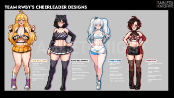 4girls alternate_breast_size_(larger) black_hair black_thighhighs blake_belladonna blonde_hair blue_eyes blush boots breasts cheerleader choker cleavage cleavage_cutout clothing_cutout earrings english_text grey_eyes highres huge_breasts jewelry knight large_breasts long_hair medium_breasts medium_hair miniskirt multicolored_hair multiple_girls purple_eyes red_hair revealing_clothes ruby_rose rwby scar scar_across_eye scar_on_face shoes short_hair skirt socks tabletknight thick_thighs thighhighs thighs toned toned_female toned_stomach two-tone_hair underboob underboob_cutout weiss_schnee white_hair white_socks wide_hips yang_xiao_long yellow_eyes