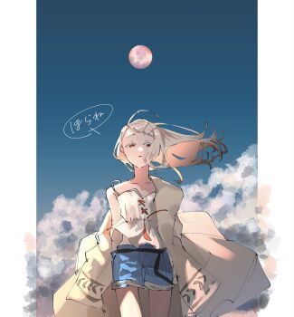 1girl 3_sai arms_at_sides blonde_hair blue_sky camisole cloud coat cowboy_shot denim denim_shorts floating_hair full_moon gakuen_idolmaster half-closed_eyes highres idolmaster long_hair long_sleeves looking_at_viewer moon moon_in_daylight off_shoulder open_clothes open_coat parted_lips pillarboxed shinosawa_hiro short_shorts shorts sky solo spaghetti_strap speech_bubble standing sunfaded_(idolmaster) swept_bangs white_camisole wind