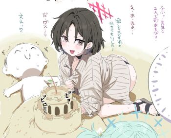 1boy 2girls ass beach bikini black_bikini black_choker black_hair blue_archive blush bob_cut brown_eyes choker clearite doodle_sensei_(blue_archive) halo handjob hiyori_(blue_archive) japanese_text kneeling lying misaki_(blue_archive) misaki_(swimsuit)_(blue_archive) multiple_girls on_back open_clothes open_mouth open_shirt outdoors sand_castle sand_sculpture sandals sensei_(blue_archive) short_hair stealth_handjob stealth_sex sweat swimsuit trembling white_background