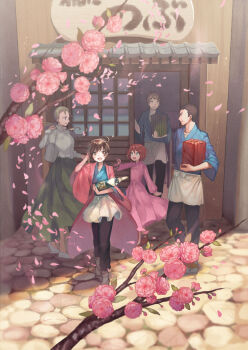 Rule 34 | 2boys, 3girls, :d, alcohol, apron, black pants, brown eyes, brown hair, cobblestone, dress, eva (isekai izakaya), eye contact, flower, green eyes, green skirt, hans (isekai izakaya), highres, isekai izakaya "nobu", japanese clothes, kururi, long skirt, looking at another, looking at viewer, multiple boys, multiple girls, official art, open mouth, outdoors, pants, petals, pink dress, ponytail, red footwear, red hair, samue, senke shinobu, shirt, skirt, sliding doors, smile, standing, waist apron, white shirt, yazawa nobuyuki