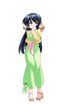 1girl animal_ears anime_coloring between_legs black_hair breasts clenched_hand covering_own_mouth cropped_jacket dog_ears dress extra_ears floppy_ears full_body game_asset green_dress hair_ribbon half_updo hand_between_own_legs hand_up highres hiiragi_mako jacket large_variant_set layered_clothes long_dress long_hair long_sleeves looking_at_viewer mahotama maki_daikichi medium_breasts official_art orange_eyes pink_sash raised_inner_eyebrows ribbon sandals sash simple_background solo standing tachi-e tareme tearing_up third-party_source transparent_background variant_set visual_novel_cg yellow_jacket