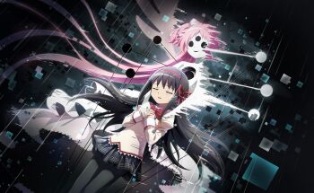 1girl akemi_homura artist_request black_hair black_pantyhose black_skirt bow bowtie child closed_eyes cloud cloudy_sky collared_shirt cowboy_shot dark dot_nose dutch_angle floating_clothes floating_hair frown game_cg glitch hair_ribbon hairband hands_on_own_chest high_collar highres juliet_sleeves kaname_madoka lace lace-trimmed_shirt lace-trimmed_sleeves lace_trim light_blush light_particles long_hair long_sleeves mahou_shoujo_madoka_magica mahou_shoujo_madoka_magica:_majuu_hen mahou_shoujo_madoka_magica_magia_exedra miniskirt mitakihara_school_uniform official_art open_mouth own_hands_together pantyhose plaid_clothes plaid_skirt pleated_skirt pocket puffy_sleeves rain red_bow red_bowtie red_hairband red_ribbon ribbon sad school_uniform shirt skirt sky sleeve_cuffs standing ultimate_madoka very_long_hair wraith_(madoka_magica) wraith_madoka yellow_shirt