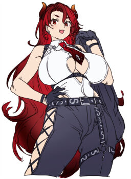 1girl :d bare_shoulders belt belt_buckle black_belt black_gloves black_jacket black_pants breasts buckle cleavage_cutout clothing_cutout collared_shirt cowboy_shot cropped_legs cross-laced_pants curtained_hair dola_(8th_costume)_(nijisanji) dola_(nijisanji) dragon_girl dragon_horns earrings fang from_below gloves hand_on_own_hip high_belt highres holding holding_jacket holding_unworn_clothes horns houtengeki jacket jewelry lace-up_pants large_breasts long_hair looking_at_viewer necktie nijisanji o-ring o-ring_thigh_strap open_mouth pants red_eyes red_hair red_horns red_necktie shirt shoulder_belt side_part simple_background sketch skin_fang sleeveless sleeveless_shirt smile solo thigh_strap underboob_cutout underbust unworn_jacket very_long_hair virtual_youtuber white_background white_shirt