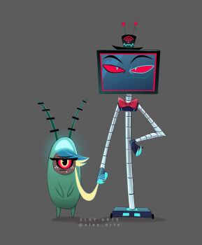 Rule 34 | 1girl, absurdres, artist name, black eyes, black hat, bow, bowtie, colored sclera, cosplay, dark-skinned female, dark skin, eley arts, fang, grey background, hat, hazbin hotel, hellaverse, highres, karen (spongebob), karen (spongebob) (cosplay), looking at viewer, original, plankton (spongebob), plankton (spongebob) (cosplay), red bow, red bowtie, red sclera, simple background, smile, spongebob squarepants (series), vox (hazbin hotel), watermark