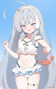 1girl absurdres ahoge armpit_crease artist_name bikini bikini_skirt blue_eyes blue_sky blush breasts cleavage cowboy_shot crab extra_pupils female_tyrant_(stella_sora) female_tyrant_(swimsuit)_(stella_sora) frilled_bikini frills grey_hair hair_ornament hairband highres huge_ahoge layered_bikini loli long_hair nauvvii navel official_alternate_costume outdoors peanut_mouth pointy_ears ribs signature sky small_breasts solo standing stella_sora stomach swimsuit thigh_gap thighs tyrant_(stella_sora) very_long_hair white_bikini white_hairband
