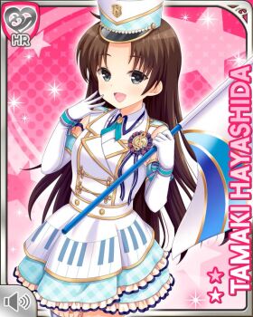 1girl :d black_eyes bow bowtie brown_hair card_(medium) character_name girlfriend_(kari) hayashida_tamaki jacket long_hair looking_at_viewer official_art open_mouth pink_background plaid_clothes plaid_skirt pleated_skirt qp:flapper raised_inner_eyebrows shirt skirt smile solo white_shirt