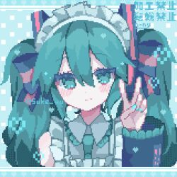 Rule 34 | 1girl, alternate costume, apron, arm at side, bare shoulders, black sleeves, blue eyes, blue hair, blue nails, blue necktie, blush, closed mouth, collared shirt, detached sleeves, enmaided, frilled shirt, frills, grey shirt, hair between eyes, hand up, hatsune miku, highres, housuke (flb66i2qnuqy63f), long sleeves, looking at viewer, maid, maid headdress, nail polish, necktie, pixel art, shirt, sidelocks, sleeveless, sleeveless shirt, smile, solo, straight-on, twintails, twitter username, upper body, v, vocaloid, white apron