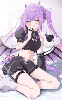 Rule 34 | 1girl, absurdres, blush, bow, breasts, chain, cleavage, cleavage cutout, clothing cutout, commentary request, demon horns, demon tail, green eyes, heart cutout, highres, hololive, horns, long hair, loose socks, midriff, multicolored hair, o-ring, o-ring thigh strap, open mouth, panty straps, pink hair, purple bow, purple hair, shadow, smile, socks, solo, streaked hair, tail, thigh strap, tokoyami towa, twintails, virtual youtuber, visitofsiki, white socks, wings
