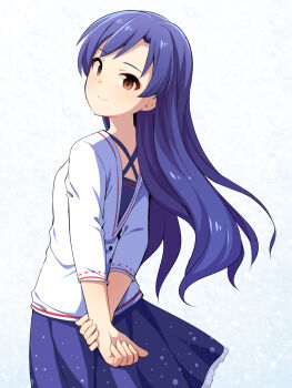 1girl arms_behind_back blue_hair blue_skirt brown_eyes closed_mouth commentary_request cowboy_shot from_behind highres idolmaster idolmaster_(classic) kisaragi_chihaya long_hair looking_at_viewer looking_back revision shirt skirt smile solo standing uccow white_shirt