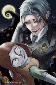 1boy 1girl gloves highres jade_leech long_hair looking_at_viewer male_focus moon multicolored_hair natade_coo_coo night_raven_college_school_uniform patchwork_clothes patchwork_skin sally_(nbc) school_uniform shirt short_hair simple_background smile stitches streaked_hair striped_clothes the_nightmare_before_christmas twisted_wonderland upper_body