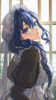 1girl apron beret black_dress blue_eyes blue_hair braid closed_mouth commentary crissydissy dress english_commentary hat hololive hololive_english indoors looking_at_viewer official_alternate_costume official_alternate_hairstyle ouro_kronii ouro_kronii_(maid) smile solo twin_braids virtual_youtuber white_apron white_hat