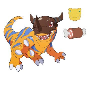 Rule 34 | agumon, boned meat, chibi, chibi inset, digimon, digimon (creature), dinosaur, evolutionary line, food, greymon, highres, horns, liecomj, meat, no humans, red eyes, simple background, white background