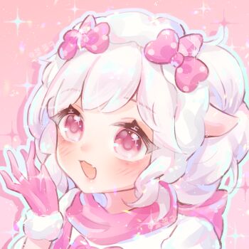 Rule 34 | 1girl, animal ears, aqua outline, artist name, back bow, blue outline, bow, chinese commentary, commentary request, cosplay, curly hair, dot nose, eyelashes, fang, fur-trimmed gloves, fur trim, gloves, goat ears, goat horns, gradient outline, hair bow, happy, horns, lanlan zhi jiabing, light blush, light particles, medium hair, mei yangyang, mei yangyang (cosplay), nikki (series), open mouth, outline, pink background, pink bow, pink eyes, pink gloves, pink horns, pink scarf, pink snowprint (shining nikki), polka dot, polka dot bow, puffy short sleeves, puffy sleeves, scarf, shining nikki, shirt, short sleeves, simple background, skin fang, small horns, smile, solo, sparkle, striped horns, tareme, upper body, wavy hair, white hair, white shirt, xiyangyang yu huitailang