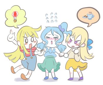 3girls bang_dream!_our_notes color_connection dalsatang fighting hair_color_connection jealous matsubara_kanon multiple_girls pulled_in_each_hand shirasagi_chisato tsurumaki_kokoro