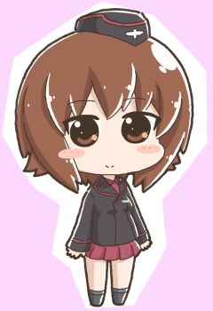 Rule 34 | black footwear, black jacket, blush, brown eyes, brown hair, chibi, chibi only, cross, garrison cap, girls und panzer, hair between eyes, hat, highres, jacket, kuromorimine military uniform, miniskirt, nishizumi maho, red shirt, red skirt, shirt, skirt, smile, toujou fumimaro