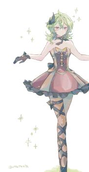 1girl artist_name ballerina ballet_dress ballet_slippers bare_arms bare_shoulders black_choker black_gloves black_slippers breasts brown_dress brown_pantyhose choker closed_mouth collei_(dodo_pizza)_(genshin_impact) collei_(genshin_impact) commentary dress feather_hair_ornament feathers frilled_dress frills full_body genshin_impact gloves green_hair hair_ornament hands_up highres leg_ribbon looking_at_viewer medium_hair official_alternate_costume ottottouta pantyhose purple_eyes ribbon ribbon_choker simple_background sleeveless sleeveless_dress slippers small_breasts smile solo symbol-only_commentary tiptoes white_background