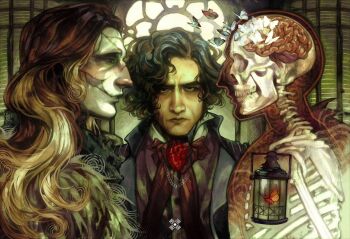 1other 2boys black_coat black_hair blonde_hair brain broken_skin brooch brown_hair bug butterfly coat collared_shirt commentary english_commentary exposed_bone exposed_brain frankenstein frankenstein&#039;s_monster furrowed_brow gradient_hair heart_(organ) height_difference highres indoors insect itssanlee jewelry lantern looking_at_another looking_at_viewer multicolored_hair multiple_boys red_vest shirt shoulder_pads skeleton skull spine spiral upper_body vest victor_frankenstein white_shirt x-ray_vision