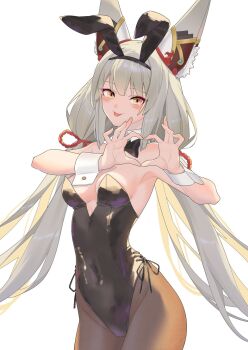 animal_ear_hairband animal_ears black_leotard bow bowtie breasts cat_ears covered_navel cowboy_shot detached_collar fake_animal_ears grey_hair hairband heart heart_hands hehe_jun highres leotard long_hair looking_at_viewer low_twintails medium_breasts nia_(blade)_(xenoblade) nia_(xenoblade) pantyhose playboy_bunny rabbit_ears side-tie_leotard simple_background smile strapless strapless_leotard tongue tongue_out twintails white_background wrist_cuffs xenoblade_chronicles_(series) xenoblade_chronicles_2 yellow_eyes