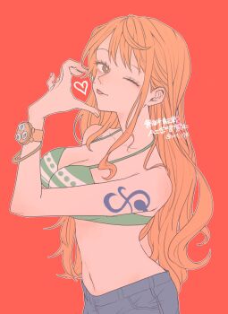 1girl bangle bare_shoulders bracelet breasts brown_eyes cleavage collarbone commentary denim from_side hair_behind_ear halterneck heart highres jeans jewelry large_breasts log_pose long_hair looking_at_viewer nami_(one_piece) navel one-eyed one_piece orange_hair pants red_background shoulder_tattoo single_sidelock solo stomach symbol-only_commentary tattoo tongue tongue_out twitter_username upper_body wavy_hair wt_178